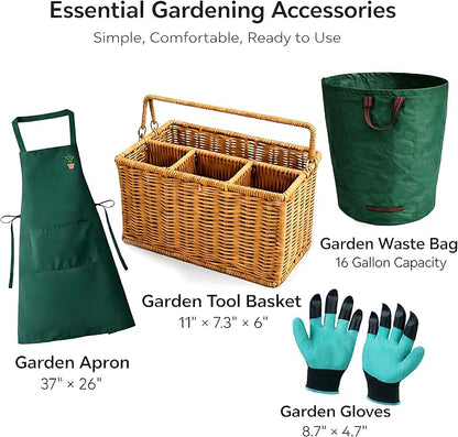 All-in-One Garden Tool Set with Basket, Stainless Steel Garden Tools with Wooden Handles, Garden Apron/Garden Waste Bags/Gardening Gloves Gardening Gift Set