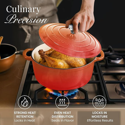 Nuovva Enamelled Cast Iron Dutch Oven Pot with Lid-6.4 Quart Non Stick Casserole Pot-Heavy Duty & Oven Safe up to 500° F for Bread Baking, Braising, Stews, Roasting - 28cm Orange