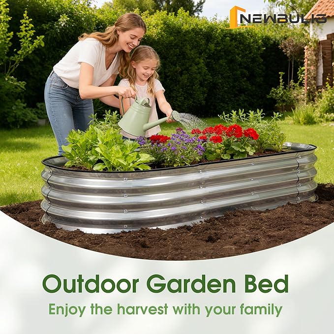 NEWBULIG Heavy-Duty Galvanized Oval Raised Garden Bed for Outdoor, Metal Planter Box with Open Base, Easy Assembly with Safe Edges for Vegetables/Flowers/Herbs