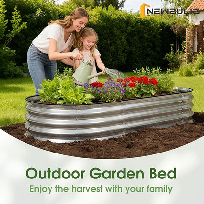 NEWBULIG Heavy-Duty Galvanized Oval Raised Garden Bed for Outdoor, Metal Planter Box with Open Base, Easy Assembly with Safe Edges for Vegetables/Flowers/Herbs