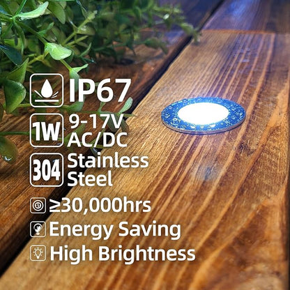 MALORY 6-Pack Recessed LED Deck Light, 1W 5000K12V Low Voltage Landscape Lighting, Outdoor Step Stair Lights,Full 304 Stainless Steel Deck Lighting for Outside Floor Yard (SG07, 6-Pack 5000K)