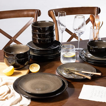LeRatio Ceramic Dinnerware Sets for 6,Stoneware Plates and Bowls Sets,Handmade Reactive Glaze Dishes Set,Chip Resistant and Scratch Resistant | Oven&Dishwasher & Microwave Safe-Chestnut(18PCS)