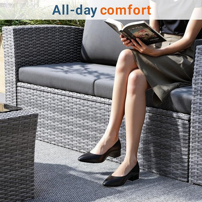 Wisteria Lane 4 Piece Patio Furniture Set, Wicker Outdoor Patio Conversation Furniture Set, All Weather Outdoor Patio Sofa with Cushion and Glass Table, Dark Grey