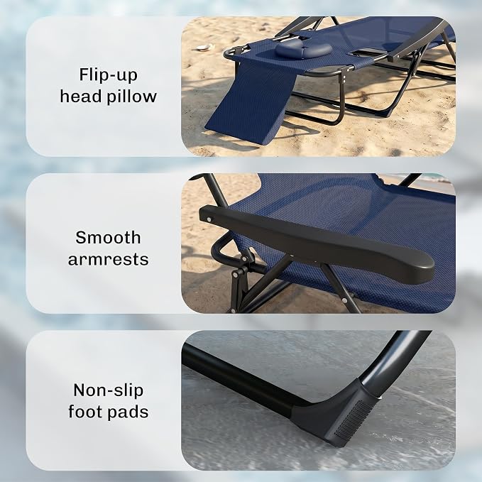 Outsunny Tanning Chaise Lounge Chair, 4-Position Beach Chair with Face & Arm Holes, Pillow headrest, Adjustable Sunbathing Chair, Navy Blue