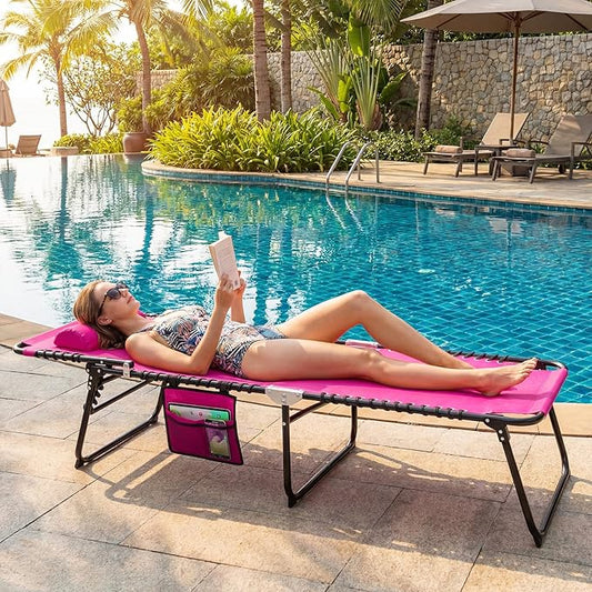 Giantex Patio Lounge Chairs for Outside - Set of 2 Folding Tanning Chair w/Headrest, 4 Adjustable Positions, Side Pocket, Outdoor Chaise Lounge for Camping, Pool, Sunbathing Beach Chair, Pink
