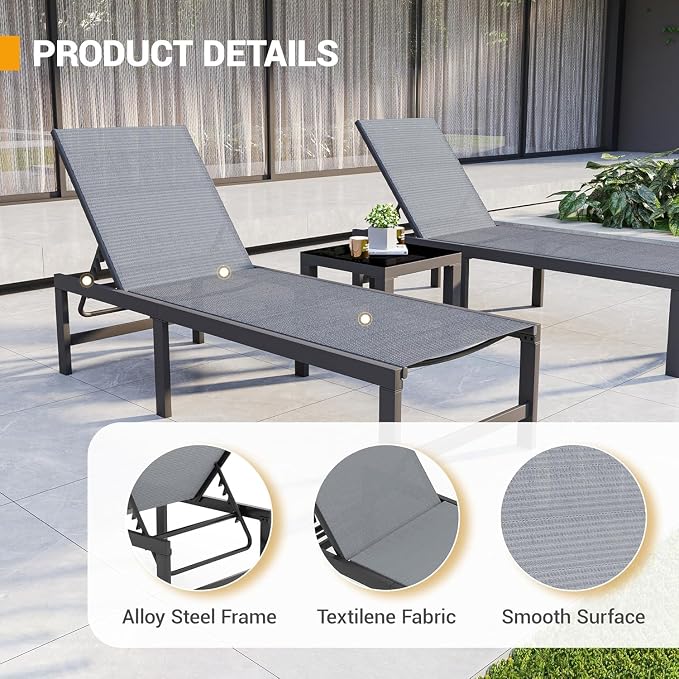 UDPATIO Outdoor Chaise Lounge Chair Set of 2 with Table Pool Lounge Chairs for Outside, Adjustable Lounger for Poolside Lawn Deck Lay Flat Sunbathing Backrest for Patio, Beach, Yard(Grey)