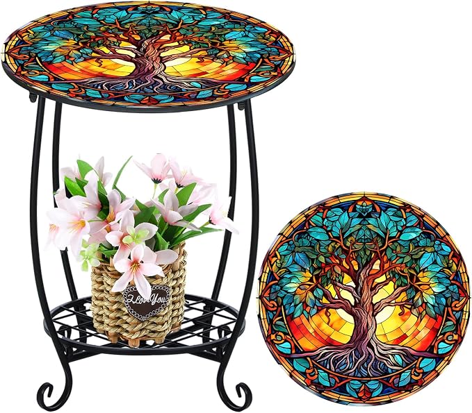 Cinnvoice Outdoor Side Table Round Small Mosaic Patio Accent Indoor End Plant Coffee Tea Table for Yard Patio Porch Garden Living Room, Bedroom(Tree of Life Style,16 Inch)