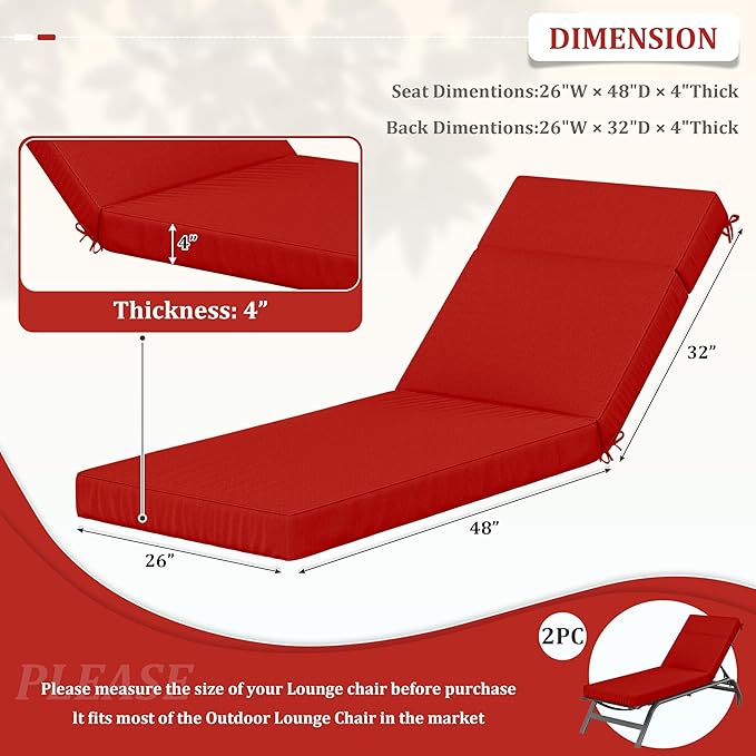 2 Pcs Chaise Lounge Cushions Outdoor, 80" L X 26" W X 4" D Lounge Chair Cushions for Outdoor Furniture, High-Density Foam Patio Chaise Cushion-Waterproof Fade-Resistant ThickPatio lounge chair cushion