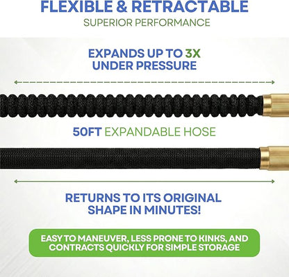 J&B XpandaHose 50ft Expandable Garden Hose – Ultra-Strong 3750D, 4-Layer Latex Core, Brass 3/4" Connectors, 10-Pattern Nozzle & Storage Bag – Lightweight, Kink-Reducing, Leak-Resistant