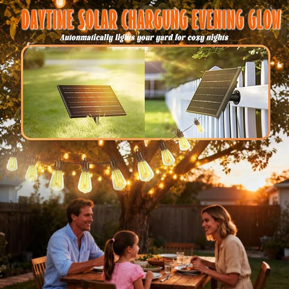 Outdoor Solar Waterproof Light String, 100FT Wire and 50 shatterproof Bulbs, dimmable Light Cannon with Remote Control, Suitable for Courtyard, Terrace, Balcony, Party Decoration Lighting