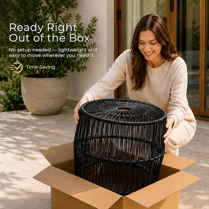 Furniture of America Ysar Boho Rattan Round Coffee Table Outdoor with Metal Frame, All-Weather and Rust Resistant, Handcrafted Coastal Furniture for Patio, Poolside, Garden, Yard, Black