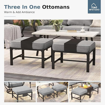 MFSTUDIO 5 Pieces Patio Conversation Sets, Outdoor Metal Furniture Sofas with 1 x 3-Seat Sofa, 2 x Rocking Chairs, 2 x Ottoman, Durable Steel Frame with Grey Cushion for Patio Balcony