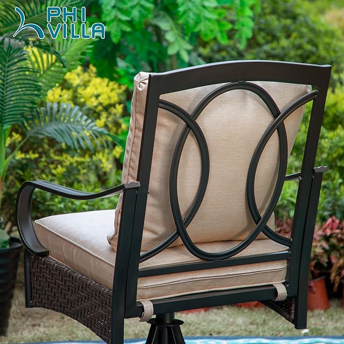 PHI VILLA Outdoor Swivel Chairs Set of 2, Heavy Duty Outdoor Metal Wicker Dining Chair with Padded Cushions, Large All Weather Wrought Iron Patio Chair for Balcony