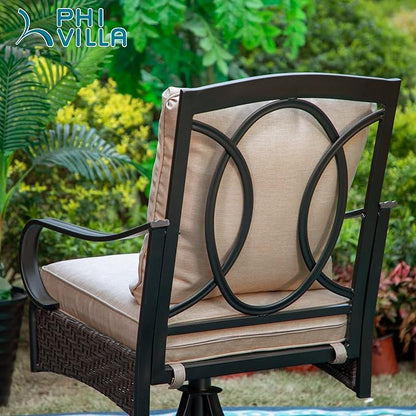 PHI VILLA Outdoor Swivel Chairs Set of 2, Heavy Duty Outdoor Metal Wicker Dining Chair with Padded Cushions, Large All Weather Wrought Iron Patio Chair for Balcony