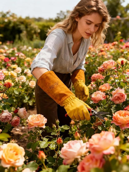 Gardens Leather Gardening Gloves for Women and Men | Thorn and Cut Proof Garden Work Gloves with Long Heavy Duty Gauntlet | Suitable For Thorny Bushes Cacti Rose Pruning Landscaping Work (Extra Large)
