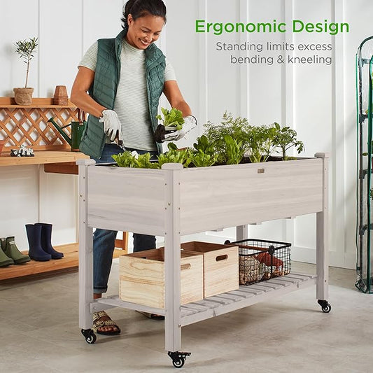 Best Choice Products Raised Garden Bed 48x24x32-inch Mobile Elevated Wood Planter w/Lockable Wheels, Storage Shelf, Protective Liner - White