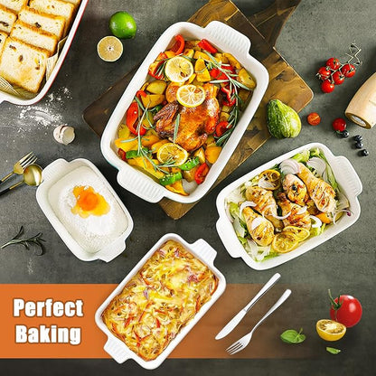 Casserole Dishes for Oven, Baking Dish for Oven, Ceramic Baking Dishes Set for 4, Rectangular Baking Pan with Handle for Baking, Cooking-Oven Safe, White (9.5"/11.2"/12.2"/14.5")