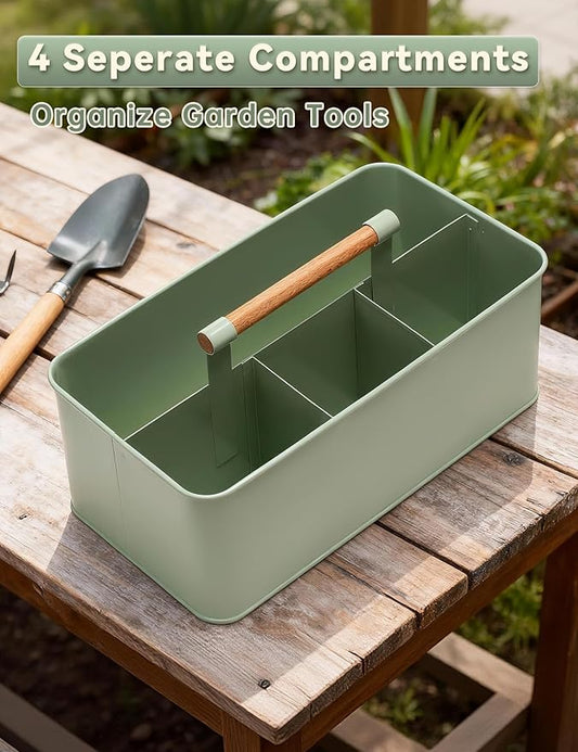 Gardening Tool Caddy, Garden Tool Basket with 4 Compartments, Metal Garden Caddy with Wooden Handle for Indoor & Outdoor