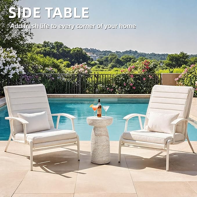 Side Table, 24''H Faux Travertine Look Accent Coffee Table, Durable Lightweight Patio Decorative Modern End Table, Weatherproof Indoor Outdoor Garden Stool for Living Room Balcony