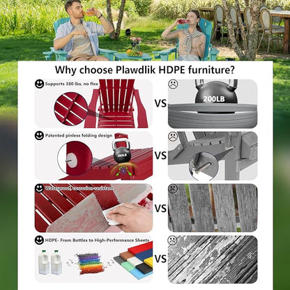 Plawdlik Folding Adirondack Chair, SGS Tested, Wooden Textured with Cup Holder, Heavy All-Weather HDPE Outdoor Chairs for Patio Backyard Lawn,Red