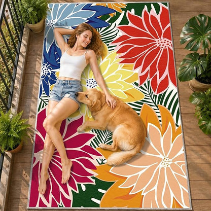 ZonLi Colorful Outdoor Rug 8x10Ft Waterproof Multicolored Indoor Area Rug Washable Outdoor Patio Rugs Tropical Floral Non Slip Outdoor Carpet for Living Room, Pool,Backyard,Deck,Camping