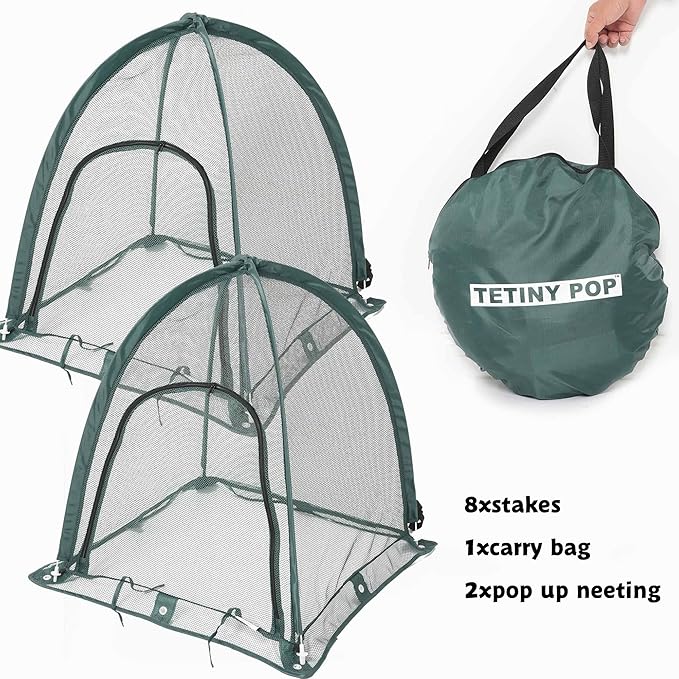 2pcs Quick Set up Pop up Garden Netting 28”x28”x32”Portable Plant Cover Net ,Locusts,Birds,Small Animal Garden Fruit and Flower Cages Portable Carry Bag with 16 Stakes
