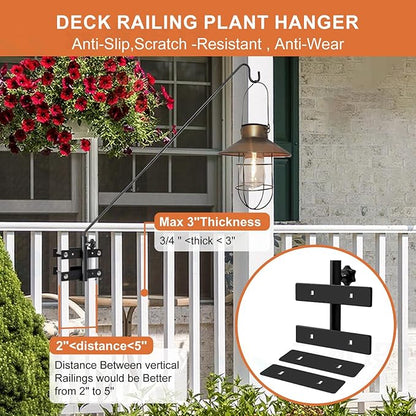 29-43 Inch Adjustable Deck Railing Hook – Heavy Duty Bird Feeder Hanger with Double Clamps, Rotating Shepherd Hook for Outdoor Plants, Lanterns & Wind Chimes