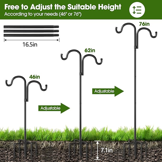 Double Shepherds Hooks for Outdoor, 76" Heavy Duty Bird Feeder Pole with 5 Prong Base, Adjustable Shepherds Hook for Bird feeders Outside, Garden, Weddings, Hanging Plants, 1 Pack, Black