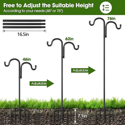 Double Shepherds Hooks for Outdoor, 76" Heavy Duty Bird Feeder Pole with 5 Prong Base, Adjustable Shepherds Hook for Bird feeders Outside, Garden, Weddings, Hanging Plants, 2 Pack, Black
