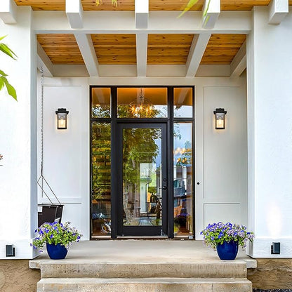 Outdoor Wall Sconce, Outside Porch Light Fixtures, Wall Mount Anti-Rust Exterior Wall Lights in Wood Grain Finish & Black Finish with Clear Glass for Garage Doorway Entryway