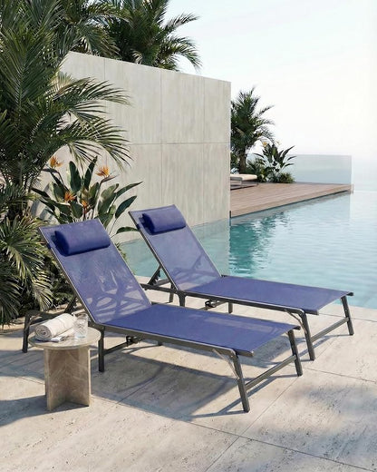4 Pack Foldable Chaise Lounge Chair with Cup Holder, Assemble-Free Outdoor Lounge Chair with Detachable Pillow and 6 Adjustable Backrest, Patio Lounge Chair for Outside Poolside Beach Pool, Blue