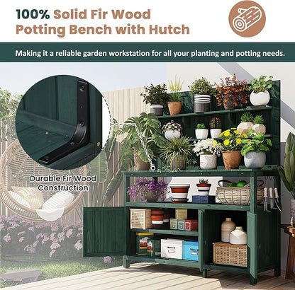 Christopher Knight Home Belfast 50.20" W Outdoor Potting Bench Table, Fir Wood Potting Table, Large Gardening Workstation with Storage Shelf, Ample Space Garden Tools Organizer for Backyard, Green