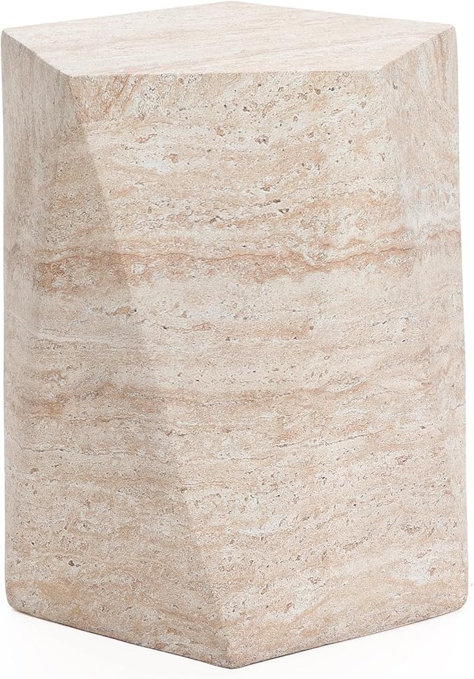 LuxenHome Outdoor Accent Side Table, 18'' Travertine-Style Irregular Textured Cement Patio End Table, Outdoor Coffee Furniture for Backyard Balcony, Modern Garden Stool for Outside