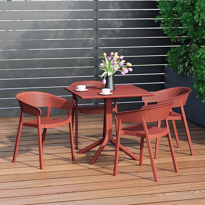 Costaelm Table Chairs Set of 4, HDPE Patio Square Dining Table and Stackable Chairs, Outdoor Small Patio Furniture Set All Weather for Backyard Porch Poolside, Red