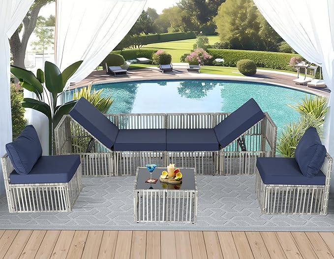 FHFO 7 Pieces Outdoor Patio Furniture Set, Wicker Outdoor Sectional Conversation Couch Set with Adjustable Backrest Sofa, Thick Cushion & Coffee Table for Garden, Porch, Poolside, Grey/Blue