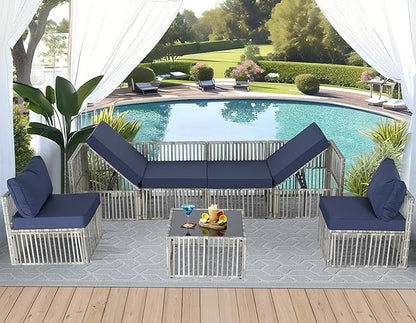FHFO 7 Pieces Outdoor Patio Furniture Set, Wicker Outdoor Sectional Conversation Couch Set with Adjustable Backrest Sofa, Thick Cushion & Coffee Table for Garden, Porch, Poolside, Grey/Blue