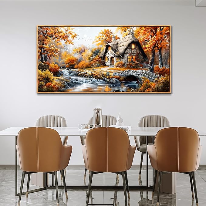 QIYILEXWART Large Wall Decor For Living Room Canvas Wall Art For Office Modern Wall Decorations For Bedroom Autumn Cottage River Landscape Painting Farmhouse Pictures Artwork Room Home Decor 24x48
