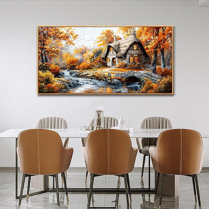 QIYILEXWART Large Wall Decor For Living Room Canvas Wall Art For Office Modern Wall Decorations For Bedroom Autumn Cottage River Landscape Painting Farmhouse Pictures Artwork Room Home Decor 24x48