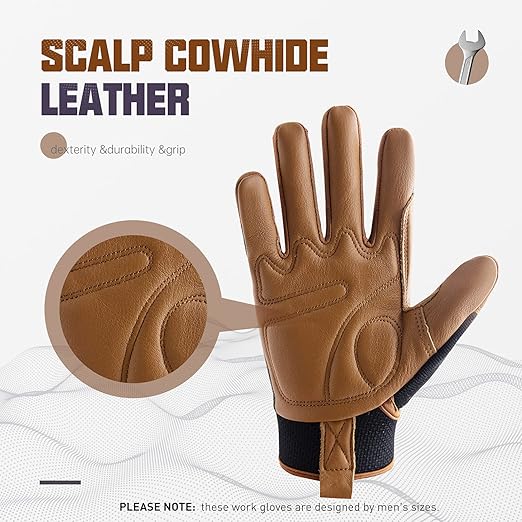 HANDLANDY Leather Work Gloves Mens & Women, Utility Safety Mechanic Working Gloves Touch Screen, Flexible Breathable Yard Work Gloves (XXL, Brown-Cowhide Palm)