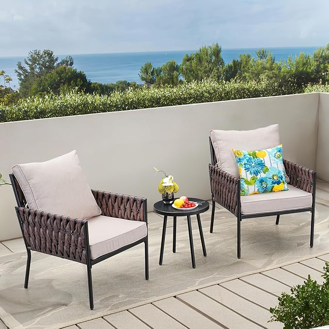 Patio Furniture Set, 3-Piece Wider Outdoor Metal Seating Sofa with High Back, Coffee Ta ble, All Weather Rattan Conversation for Garden,Backyard, Poolside-Beige