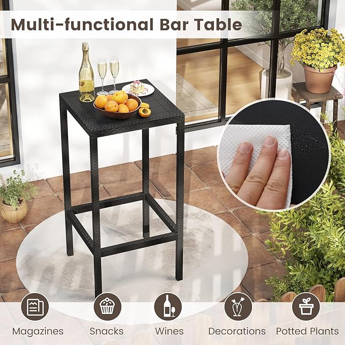 COSTWAY 3 Pieces Patio Bar Set, Modern Outdoor Bistro Set with 2 Chairs and 1 Square Bar Table, Curved Backrest and Armrests, Metal Frame, for Garden, Balcony, Poolside, Black
