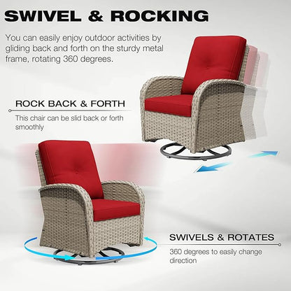 Joyside Outdoor Swivel Rocker Chairs, 6 Piece Wicker Patio Set with Thick Cushion and Side Table, Rattan Patio Swivel Rocking Chairs for Porch, Deck Use (Natural/Red, 6 PCS)
