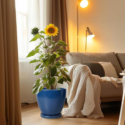 10 Inch Plant Pot - Ceramic Planter with Drainage Hole and Saucer, Modern Flower Pot, Round Planters for Indoor Plants, Home Patio Bathroom Porch Garden Living Room Decor, Blue