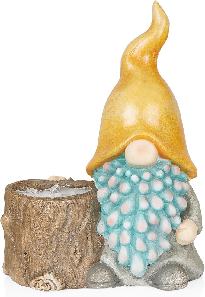 Alpine Corporation 16" Tall Outdoor Yellow Hat Gnome Statue with Drainage Hole Planter, Weatherproof Garden Decor