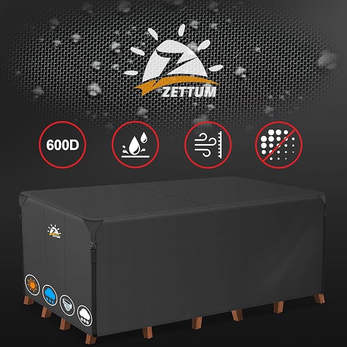 Zettum Patio Furniture Cover Rectangle - 600D Outdoor Table Cover Waterproof & Heavy Duty, Lawn Furniture Set Covers for Outside Rectangular Dining Table and Chairs Seating Combo - 96 x 72 x 38 Inch