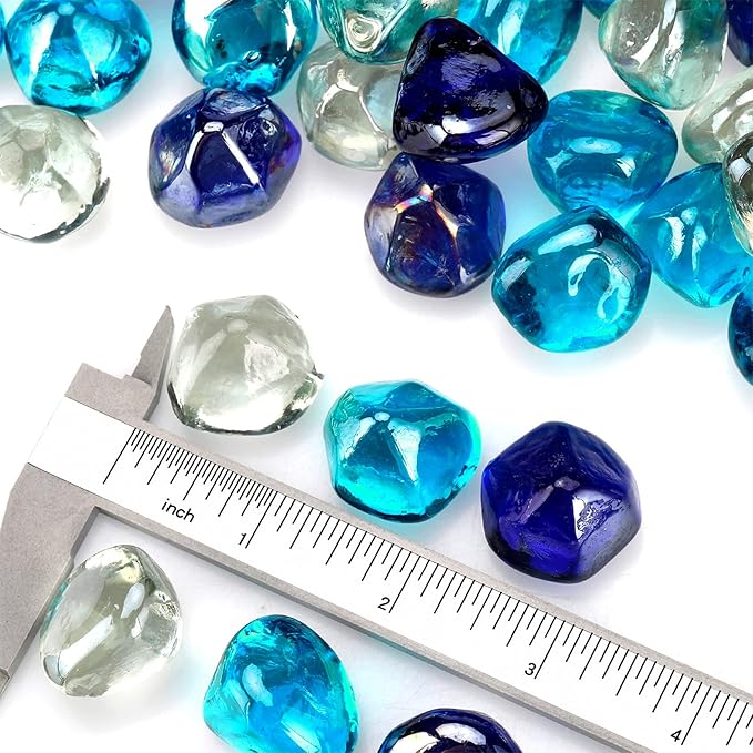 Mr. Fireglass 10 Pounds Blended Fire Glass Diamonds for Fireplace Fire Pit & Lanscaping - 1 inch High Luster Fire Rocks with Mixed Colors (Cobalt Blue++Crystal Ice+Caribbean Blue) (Pack of 2)