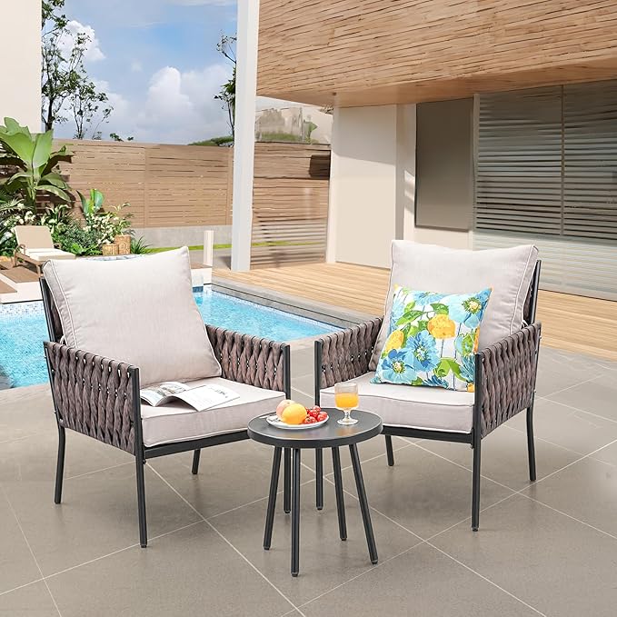 Patio Furniture Set, 3-Piece Wider Outdoor Metal Seating Sofa with High Back, Coffee Ta ble, All Weather Rattan Conversation for Garden,Backyard, Poolside-Beige