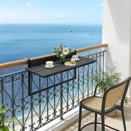 Sundale Outdoor 40" Large Folding Balcony Table for Railing, Patio HDPE Bar Adjustable Hanging Table for Baluster Garden Deck, Black