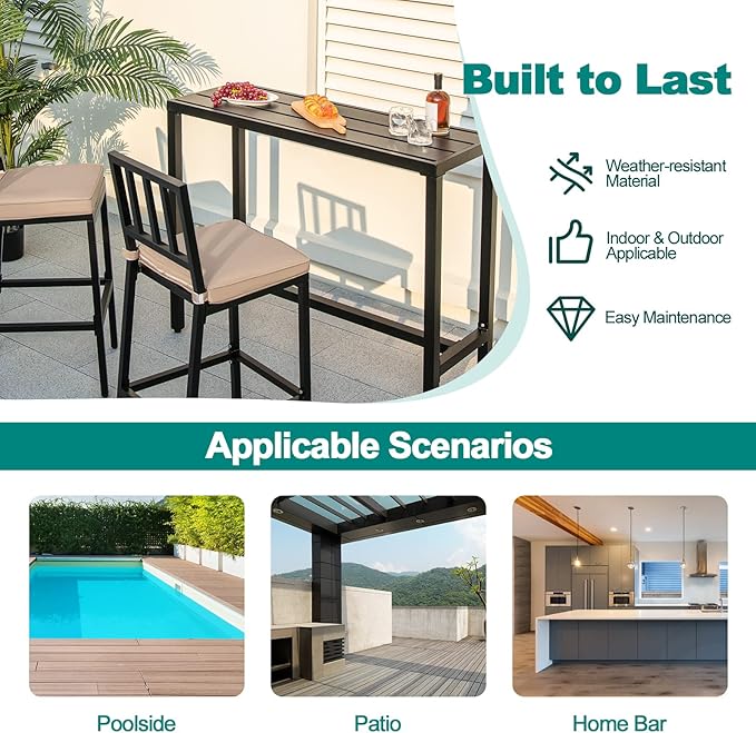 COSTWAY 3 Piece Outdoor Patio Bar Set, 48" Rectangular Pub Height High Top Bar Table with 2 Cushioned Bar Stools, Metal Bar Table and Chairs Set for Balcony, Backyard, Porch