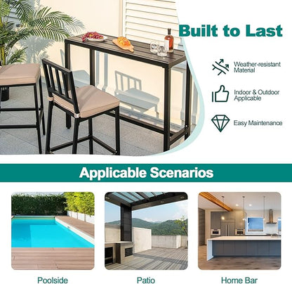 COSTWAY 3 Piece Outdoor Patio Bar Set, 48" Rectangular Pub Height High Top Bar Table with 2 Cushioned Bar Stools, Metal Bar Table and Chairs Set for Balcony, Backyard, Porch